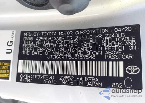 2020 Toyota Prius Prime Le z USA, uszkodzony, nr VIN JTDKARFP5L3159548